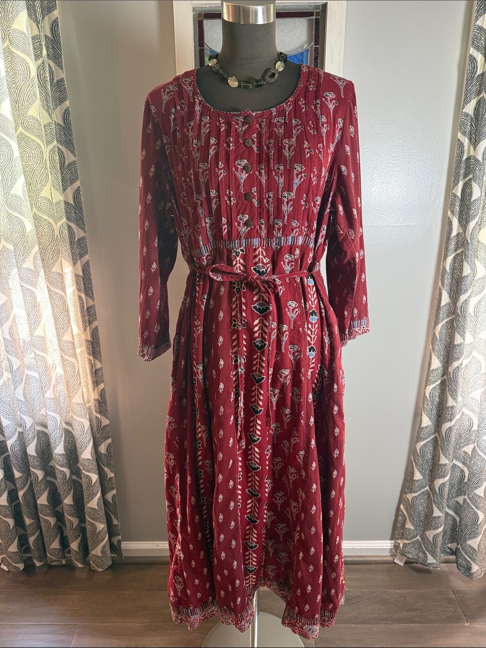 April Cornell 100% Cotton Blockprint Made in India Tie back Maxi Dress SZ L - Picture 9 of 12
